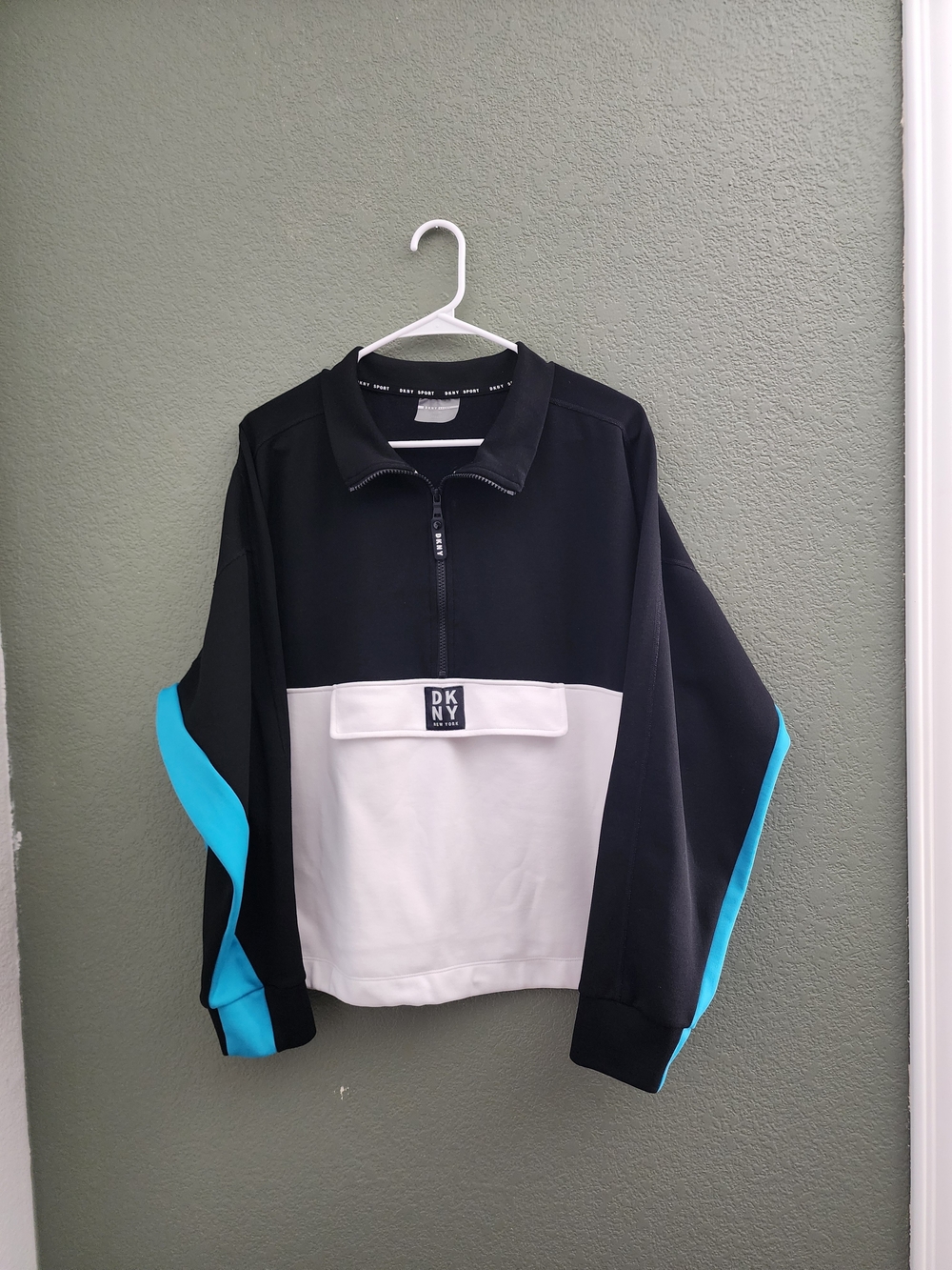DKNY Black, White & Teal Colorblock Quarter-Zip Bomber Jacket